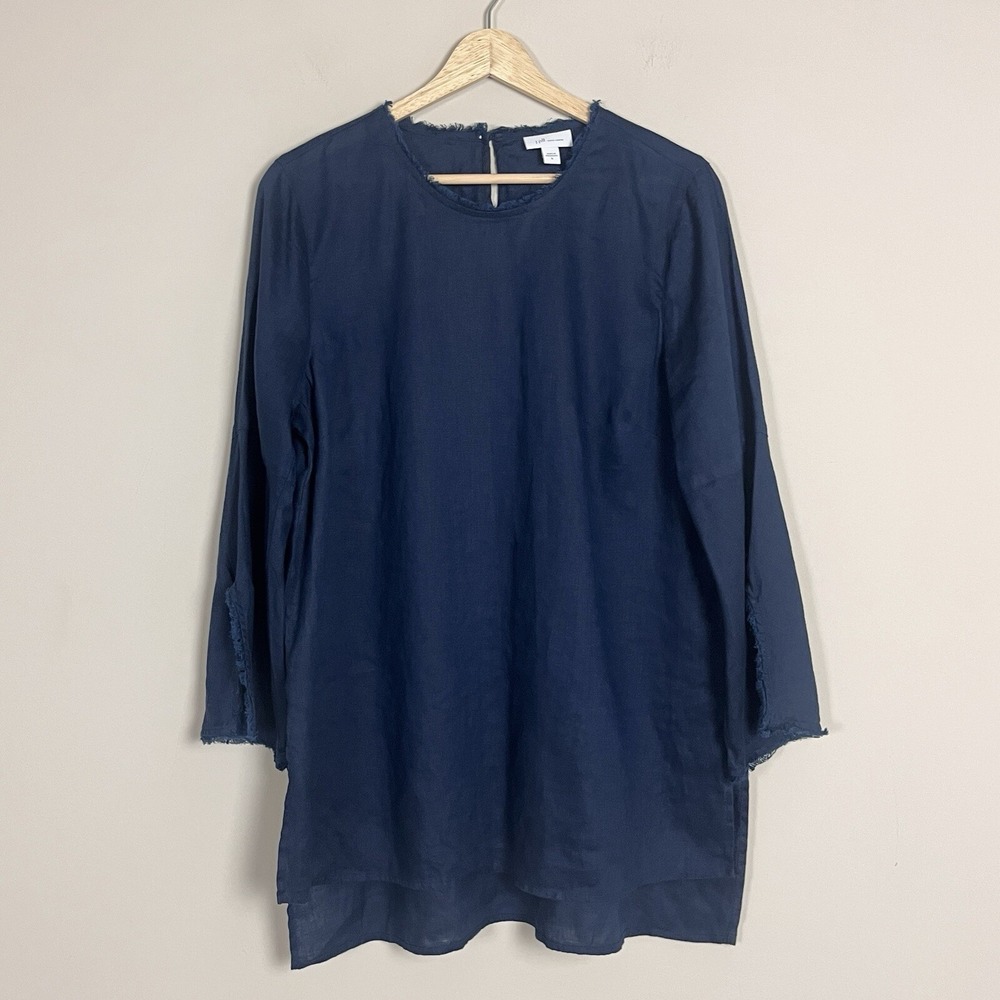 J Jill Love Linen Top Tunic Navy Blue Split Hemโ Frayed Trim Long Sleeve Medium